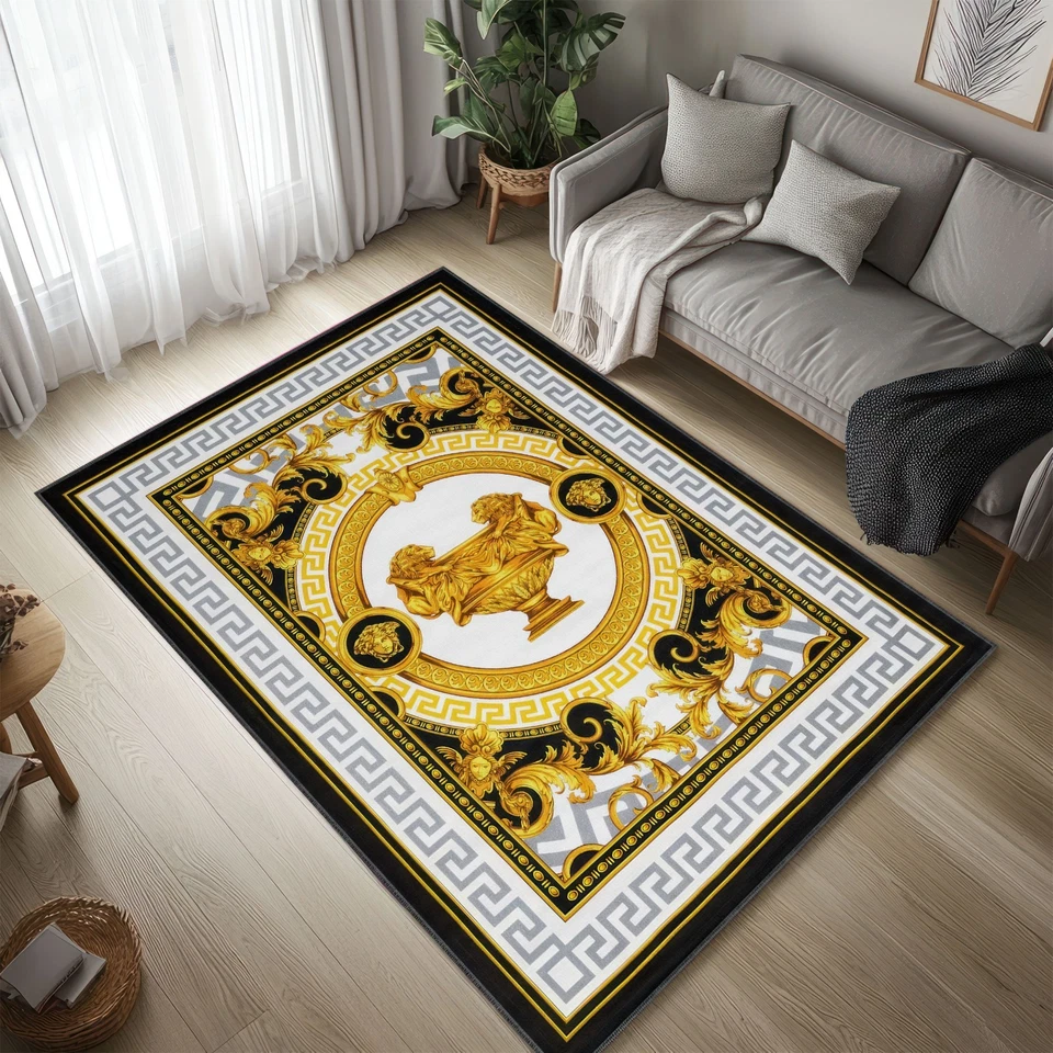 Alfombra clásica Versace, alfombra negra y dorada para sala de estar, marca famosa de lujo Foto 3 de 4