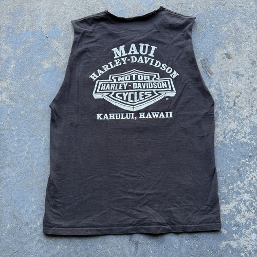 Vintage 90s Harley Davidson 3D Emblem Genuine Hawg cutoff faded black tank top L - Picture 2 of 9