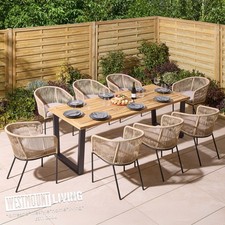 Garden Dining Set 9 Piece Acacia 210cm Table Steel Legs Rope Weave Chairs