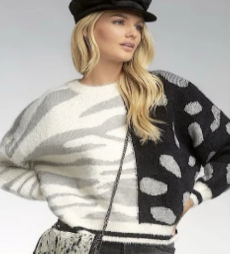 ELAN WOMEN'S SIZE M MOCK NECK SWEATER CROPPED BLACK GRAY ANIMAL BLOCK NEW