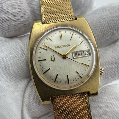 1974 Bulova Accutron Gold Plated Tuning Fork 2182 Day & Date Men's Watch WORKS