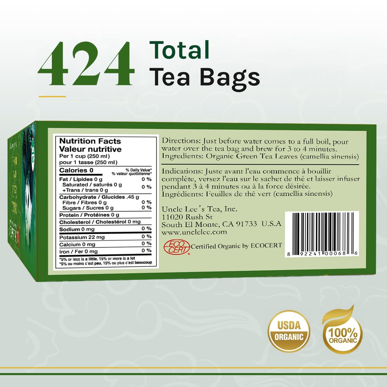 Uncle Lee's Organic Green Tea Bags 4-Pack, 106-Count Super Packs – Bright & R...