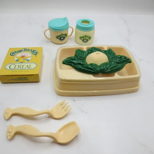Vintage Cabbage Patch Kids Feeding Dishes Set Bottle Cup Tray Spoon Fork 1984