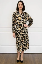 Vintage Together Floral Midi Dress Sz 8 Belted Button Front Black Tan 80s Style 