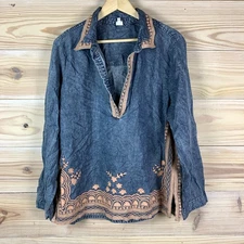 Ivy Jane Top Womens Large Indigo Long Sleeve Embroidered Chambray Boho