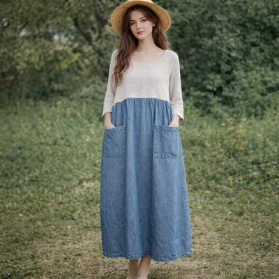 Vintage Lagenlook Cottagecore Dress 2X Waffle Knit Denim Skirt Pockets Oversized