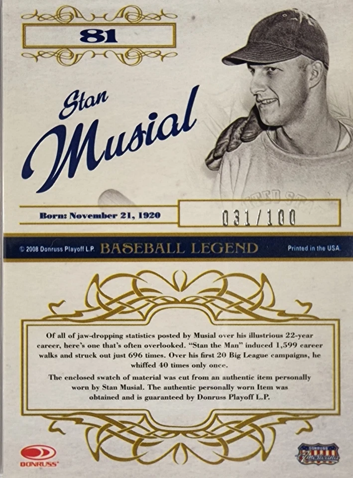 2008 Donruss Celebrity Cuts Century Stan музыкальная реликвия 031/100 - Изображение 2 из 2