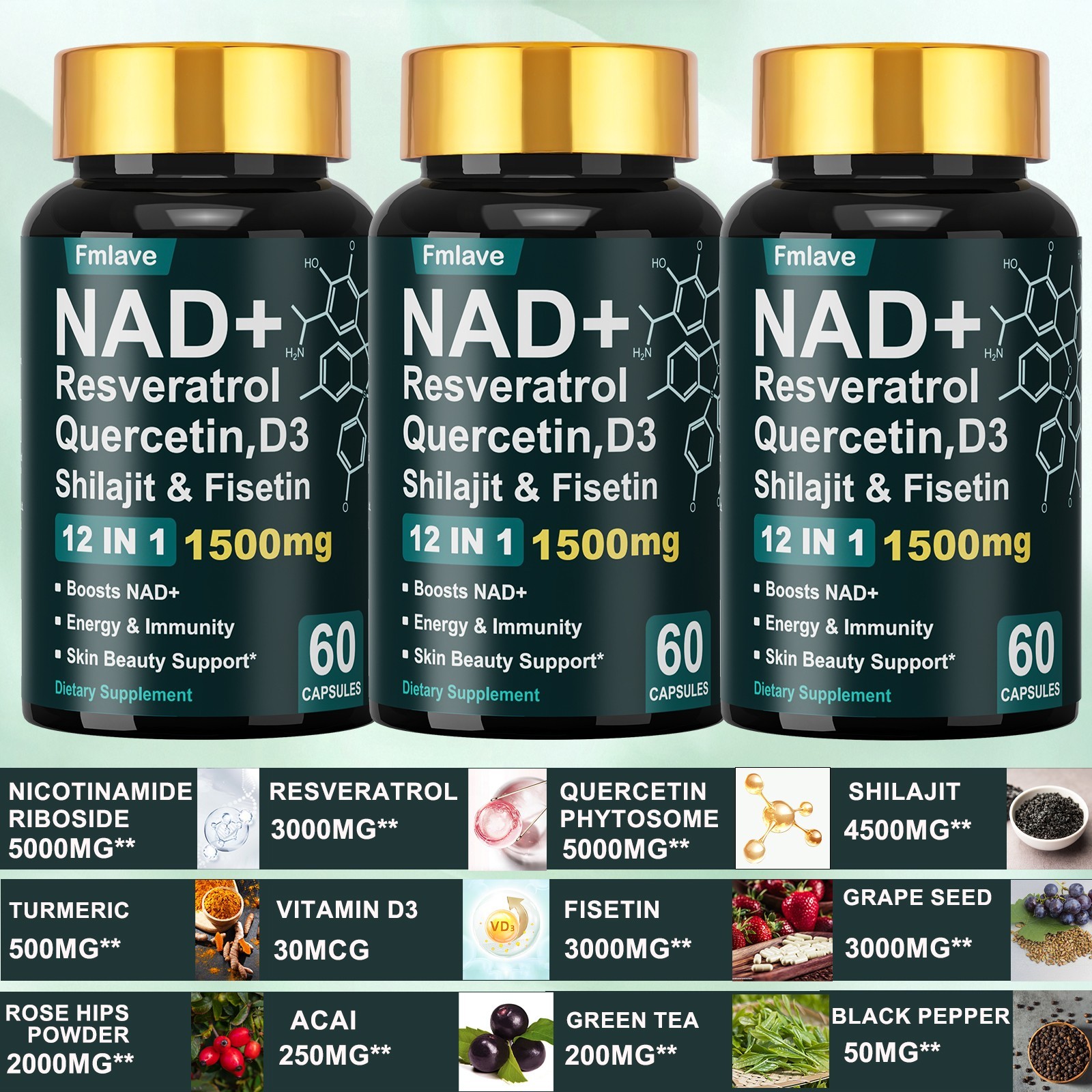 3x NAD+ Supplement with Resveratrol for Anti-Aging Energy Focus Vitality 180caps