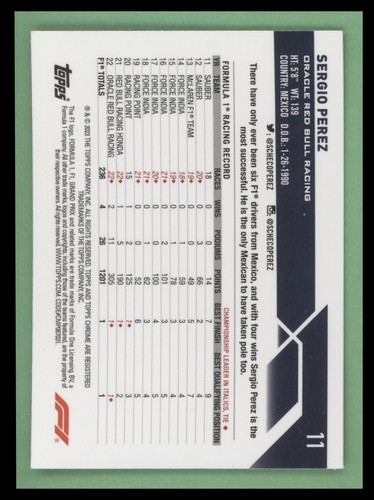 2023 Topps Chrome Formula 1 #11 Sergio Perez Aqua Wave Refractor #/150 - Bild 2 von 2