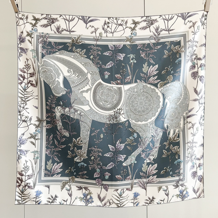 Pure 14 Momme Silk Wrap Scarf Bandanna Blue horse Print Square Shawl 88X88cm new