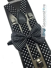 Black w/ Small White Dot Bow Tie And Suspender Matching Set Tuxedo Wedding Party