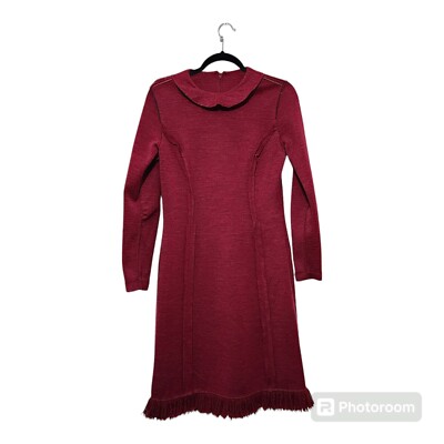 Vintage Wool Dress Red Burgundy Fringe Long Sleeve Knee Length Modest Mod  S. MED | eBay