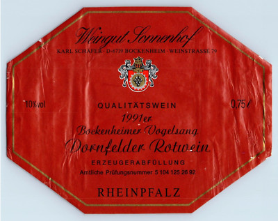 1991 Weingut Jonnenhof Dornfelder Rotwein Label Vintage Original S6E