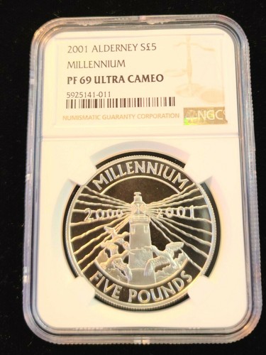 2001 ALDERNEY SILVER 5 POUNDS MILLENNIUM NGC PF 69 ULTRA CAMEO SCARCE TOP POP - Picture 4 of 4