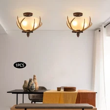 3-Light 60 Watts Antler  Glass Semi Flush Mount Fixture Ceiling Lighting Bronze