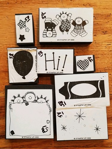 Juego de estampillas de goma Stampin Up 1992 (8) niños, corazones, estrellas, globos, crayones y ¡Hola! - Imagen 4 de 10
