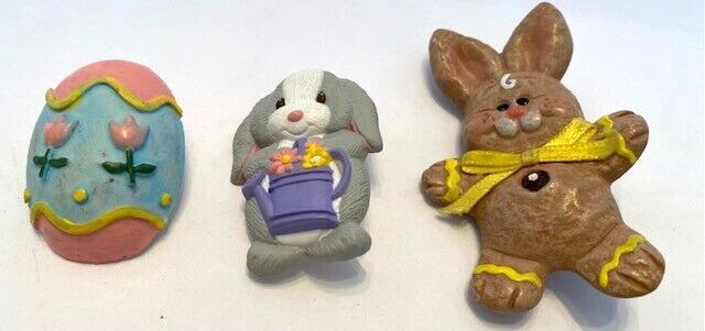 Lot of 3 Spring/Easter Egg and Bunnies 1.5-2.5 Inch Multicolor Pins/Brooches