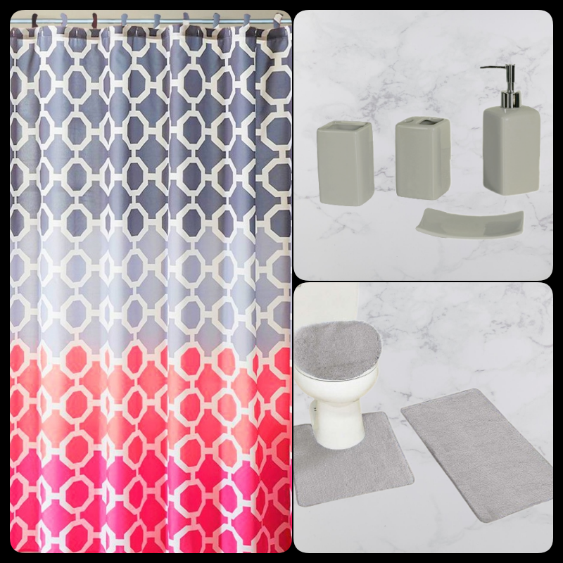 NEW 20PC MATCHING BATHROOM SHOWER CURTAIN MAT SET WITH CERAMIC ACCESORIES eBay