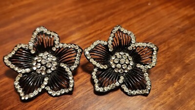 THELMA DEUTSCH CLEAR RS BLK METAL  TIE  EVENT EARRINGS  FORMAL SPECIAL ELEGANT 