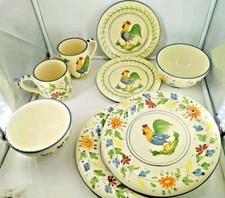 Royal Norfolk Primative Country Rooster Pattern Hand Painted  8pc. Setting For 2