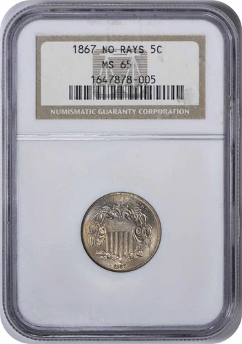 1867 Shield Nickel No Rays MS65 NGC