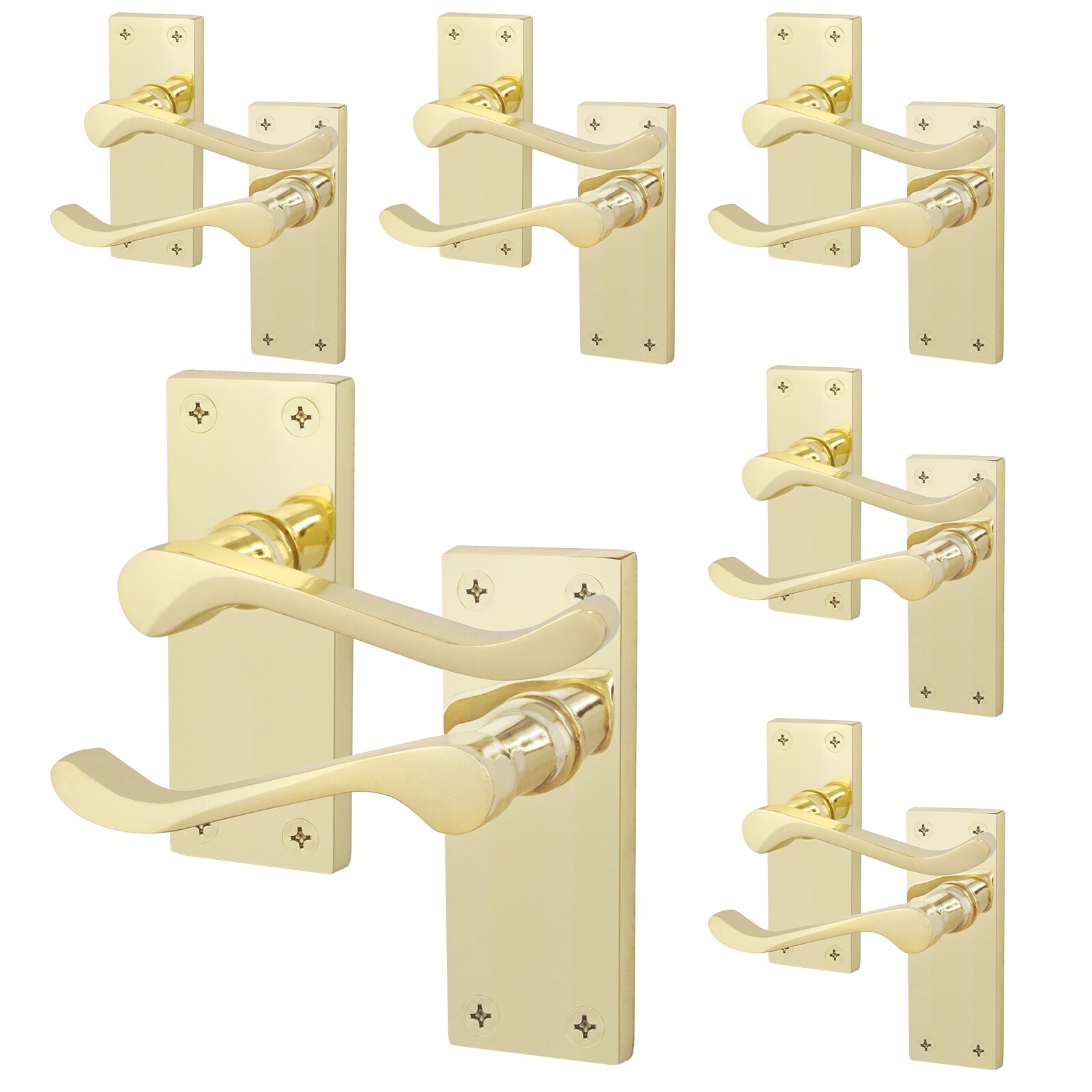 Polished Brass Victorian Scroll Door Handles, 6 Pairs Internal Latch Handles