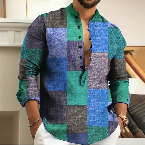 Men's Button Down Henley Neck Long Sleeve Shirt for Casual Wear Color Match Tops - Picture 9 of 13