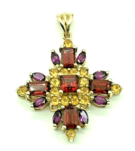 10k Yellow Gold Pendant Big Maltese Cross Garnet Amethyst Citrine HN Heng Ngai