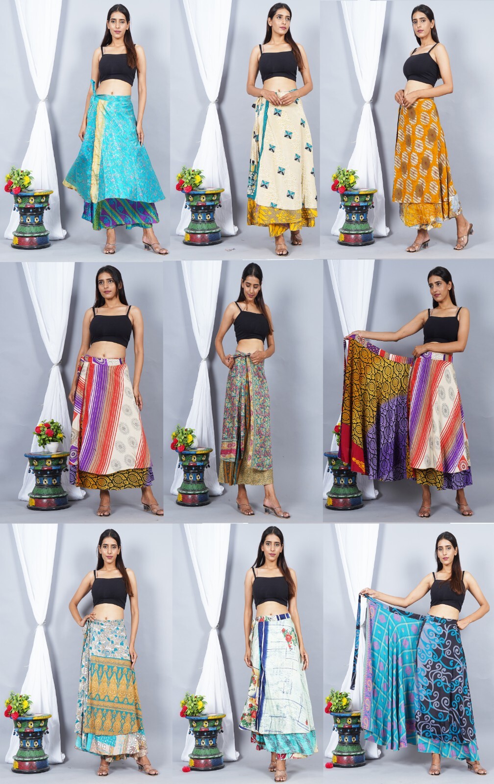 Rajwada-fashion Pack Of 3 Reversible Indian Printed Wrap Skirts - Art Silk, Free Size (Fits Waist 30), Handmade