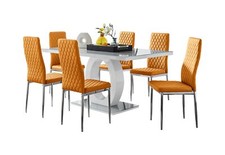 Image of GIOVANI White High Gloss and Grey Glass Dining Table & 6 Faux Leather Chairs