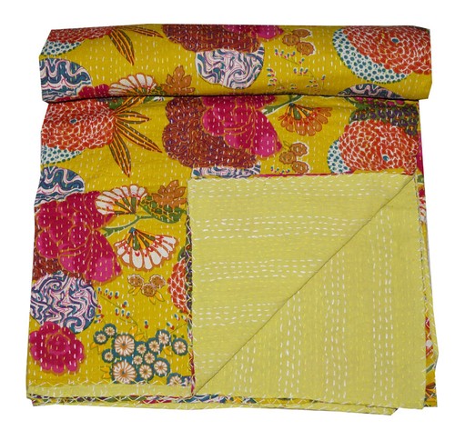 handmade Queen Cotton Kantha Quilt Bedspread Blanket Throw Indian fruit Print - Picture 2 of 5
