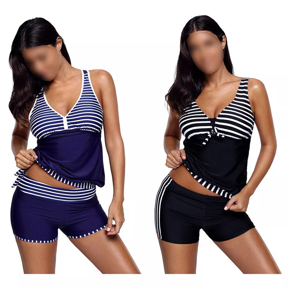 Striped Stitching Racerback Tankini Vest Board Shorts Women Swimsuit  Boyshort TR