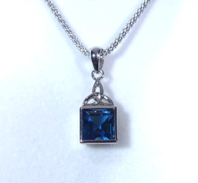 2.18 ct London Blue Topaz Solid Sterling Silver Triquetra Celtic Knot Necklace