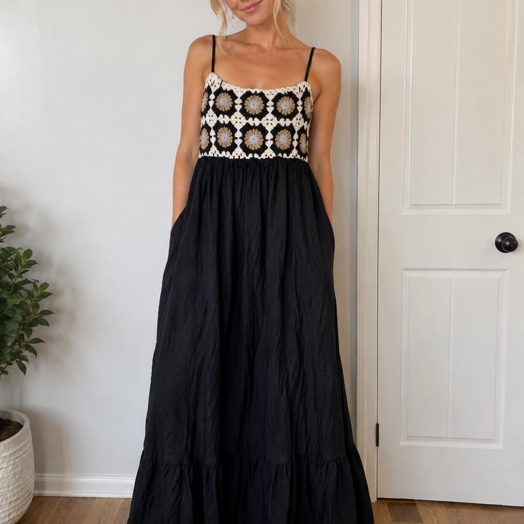 Davi & Dani Crochet Bodice Ruffled Tiered Maxi Dress