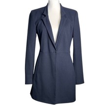 Zara Structured Blazer Dress Womens Medium Deep V-neck Snap Front Closure Navy