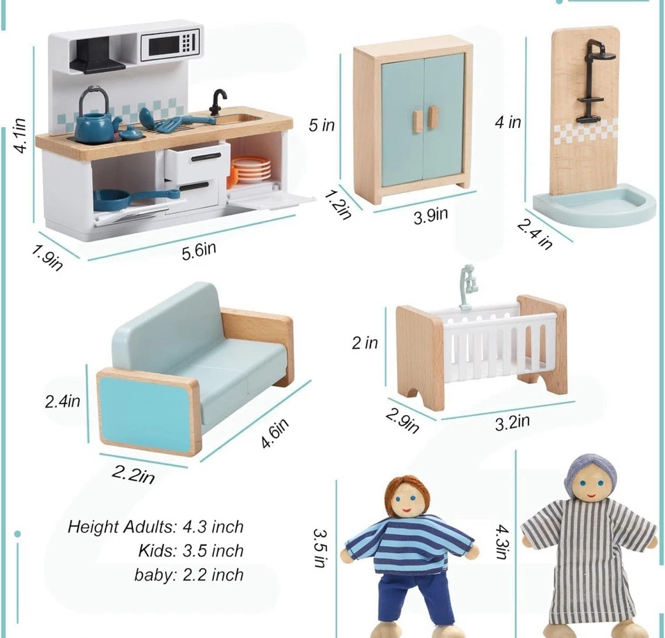 Giant bean 36pcs Wooden Dollhouse Furniture Set 5 Rooms 4 Family Dolls, Wood ... - Image 3 of 4