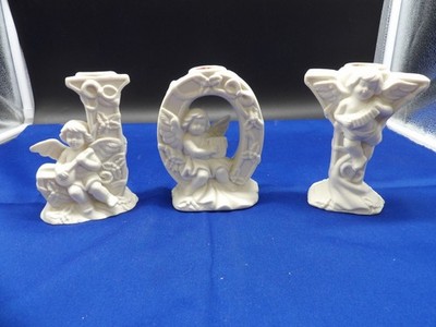 JOY Angel Ceramic Taper Candle holders. Vintage Rare 1980. 3.5'' W x 5'' H x 2.5''