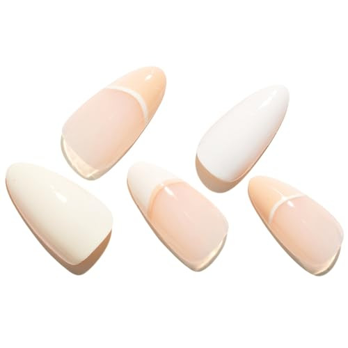 Creamy White French Tip Press on Nails Short Almond, Nude Beige Fake Nail - Picture 2 of 7