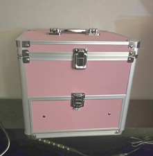 Pink Silver Hard-Sided Makeup Case with Mirror, Drawer, Handle, and Lock