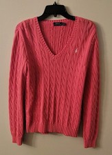 Ralph Lauren 100 Cotton Cable Knit Sweater Pink With White Logo Size Large