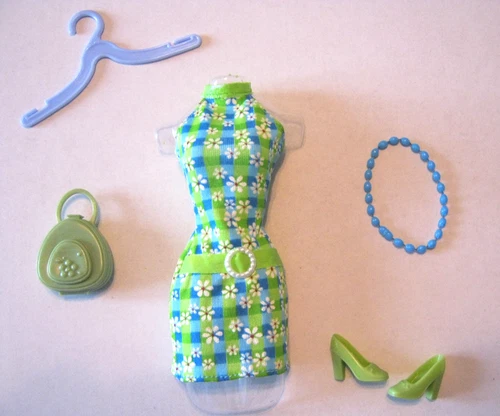 BARBIE FASHION CLOTHES ~ GREEN/BLUE DAISY PRINT OUTFIT w/ACCESSORIES SET
