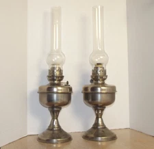 2 ABC Chrome Kerosene Oil Lamp SHELL gasoline symbol on base with chimneys Pair