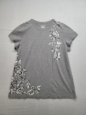 Tek Gear Women Top XL Gray Floral Print Crew Neck Short Sleeve Casual Pullover