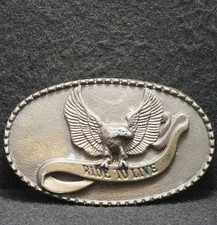 WH03175 VINTAGE 1970s  RIDE TO LIVE  MOTORCYCLES BRASS PLATED MENS BELT BUCKLE