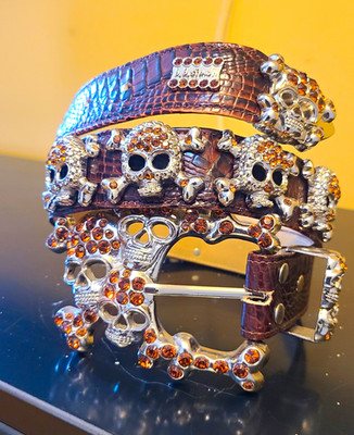 b.b. simon XL Brown Bling Belt Skull Buckle Rhinestone Studded Animal Print