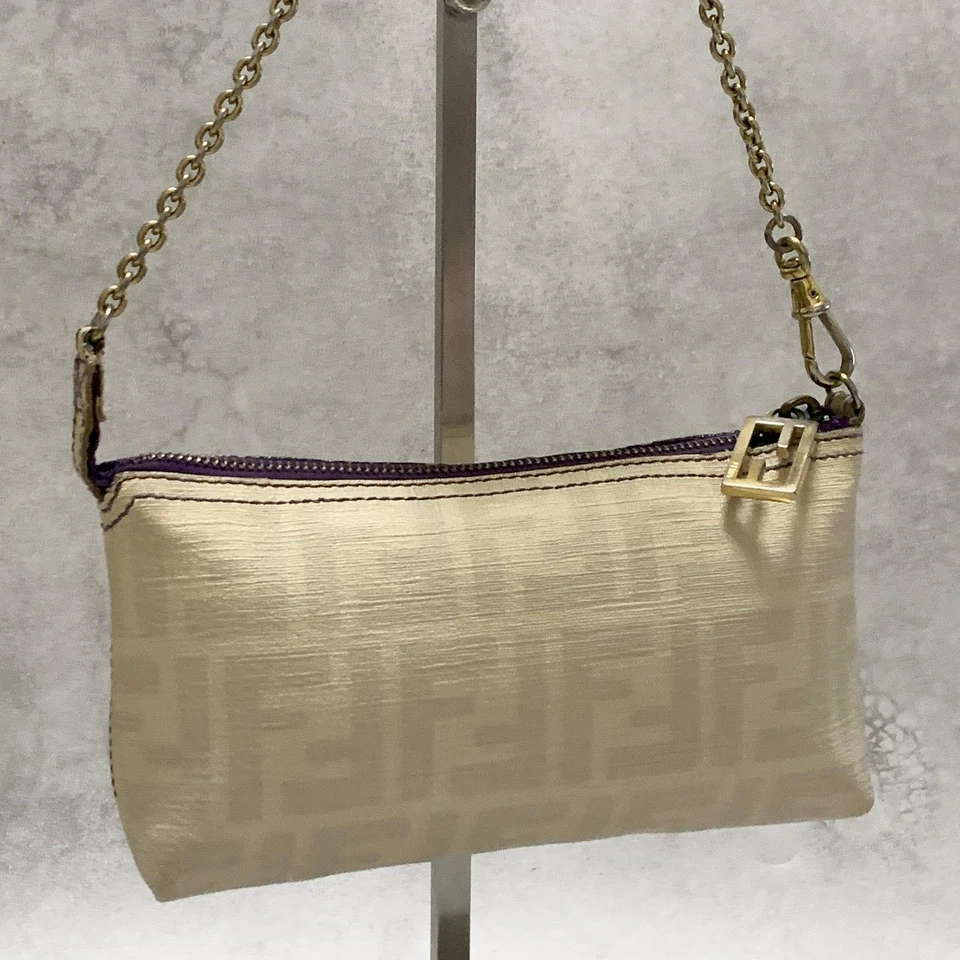 FENDI Hand Shoulder bag Zucca Chain Purse Accessory Pouch PVC Leather Off White - Image 2 of 4
