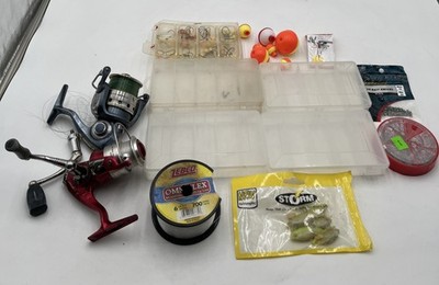 Misc. Fishing Lot Broken Reels Flueger Plano Boxes Bobbers & Weights Line Etc