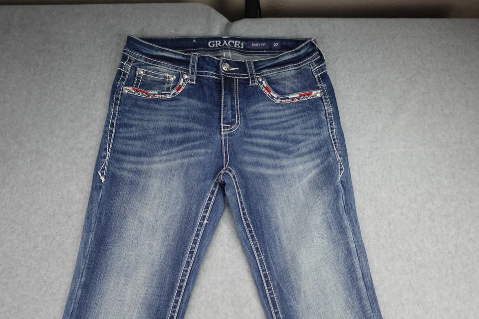 Pantalones de mezclilla GRACE IN LA para mujer 27 azules corte fácil corte bota costuras rojas EE. UU. Western Foto 2 de 4