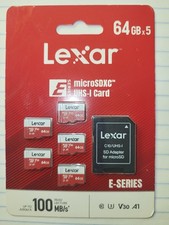 Lexar E-Series 64GB microSDXC Card 5-Pack with Adapter LMSESXX064G-B5AAU Sealed
