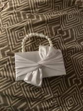 White Satin Clutch Bag with Faux Pearl Handle and Bow Detail, Bridal Handbag
